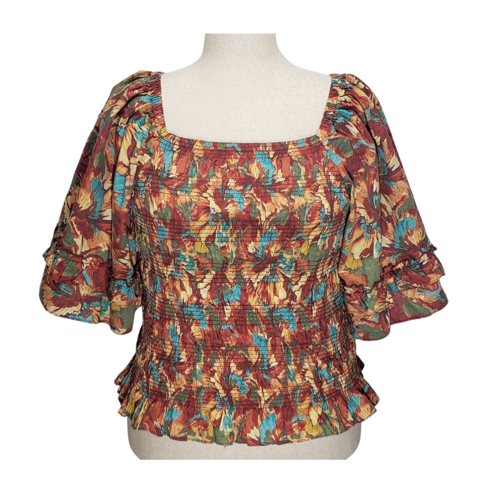 Cato Smocked Floral Top 18/20W • Square Neck • Ruffle Sleeve • Boho Cottagecore